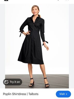 Talbots Black Poplin Midi Shirtdress with Tie Cuffs